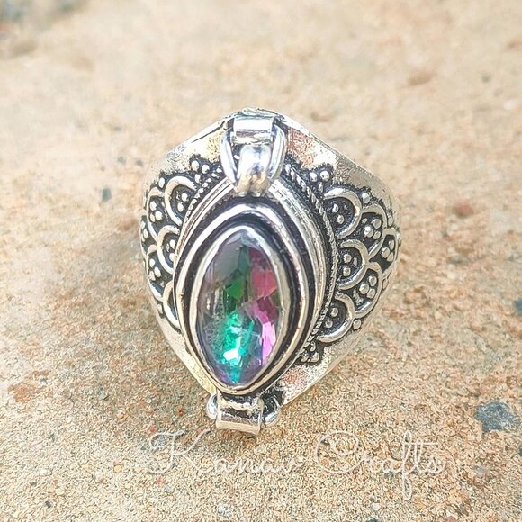 Mystic Topaz Secret Stash Poison Box Ring - Unisex 6 Silver Plated Jewelry - Picture 7 of 9